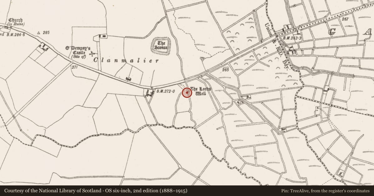 Ordnance Survey six-inch map, 2nd edition (1888–1915) covering the location of Well, Ballykean, County Offaly, with a pin at the register's coordinates