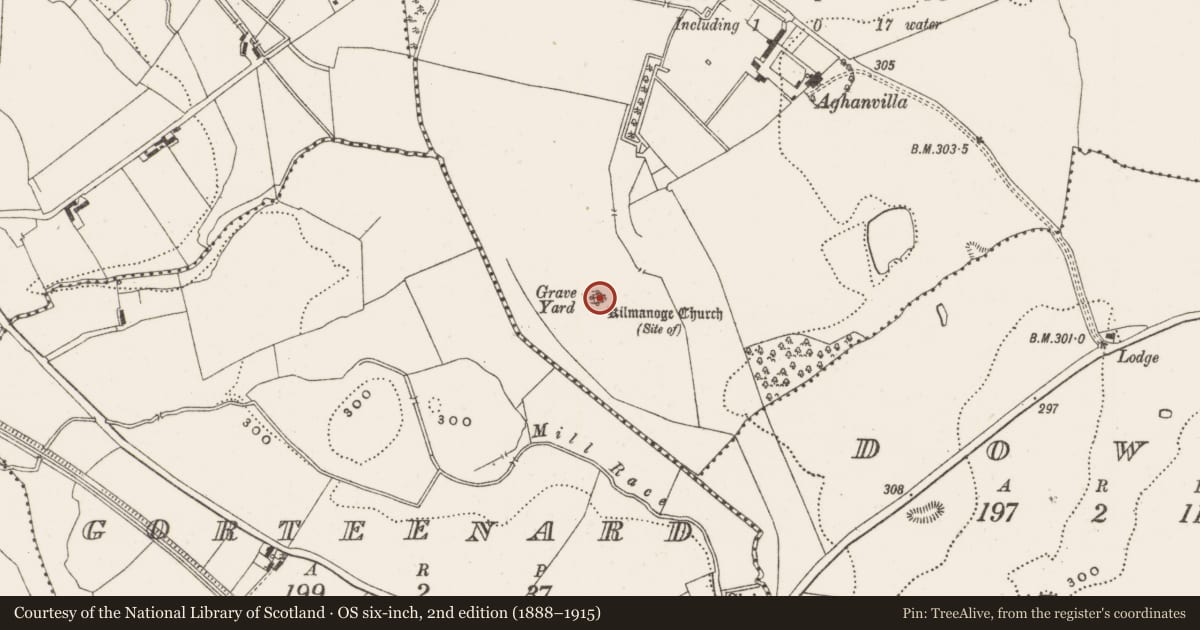 Ordnance Survey six-inch map, 2nd edition (1888–1915) covering the location of Church, Aghanvilla, County Offaly, with a pin at the register's coordinates