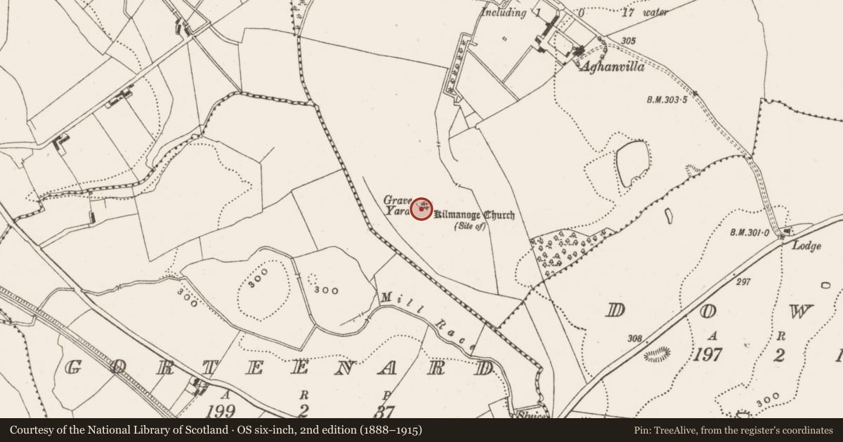 Ordnance Survey six-inch map, 2nd edition (1888–1915) covering the location of Graveyard, Aghanvilla, County Offaly, with a pin at the register's coordinates