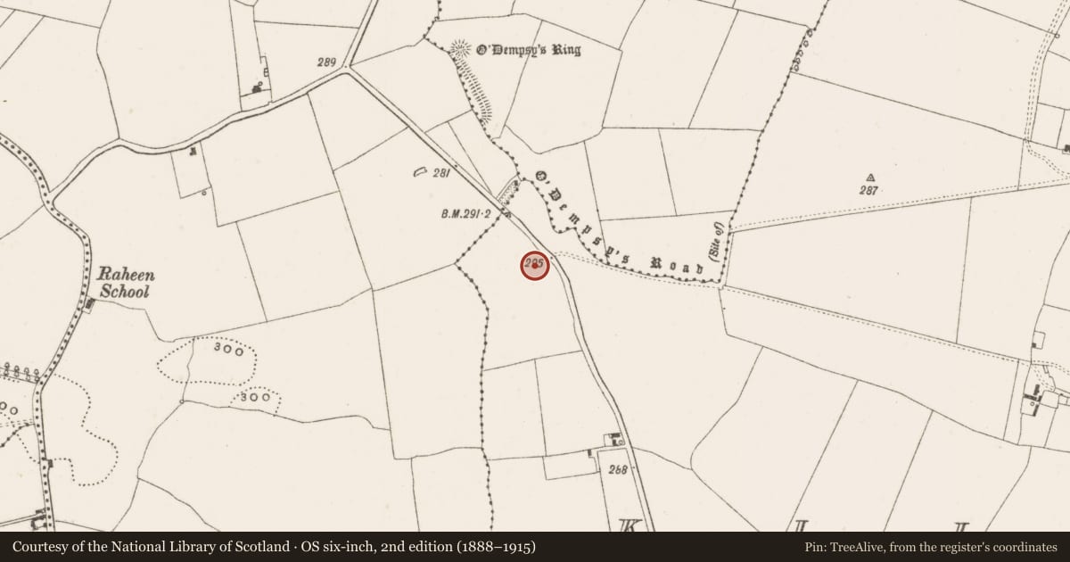 Ordnance Survey six-inch map, 2nd edition (1888–1915) covering the location of Enclosure, Kilcooney, County Offaly, with a pin at the register's coordinates