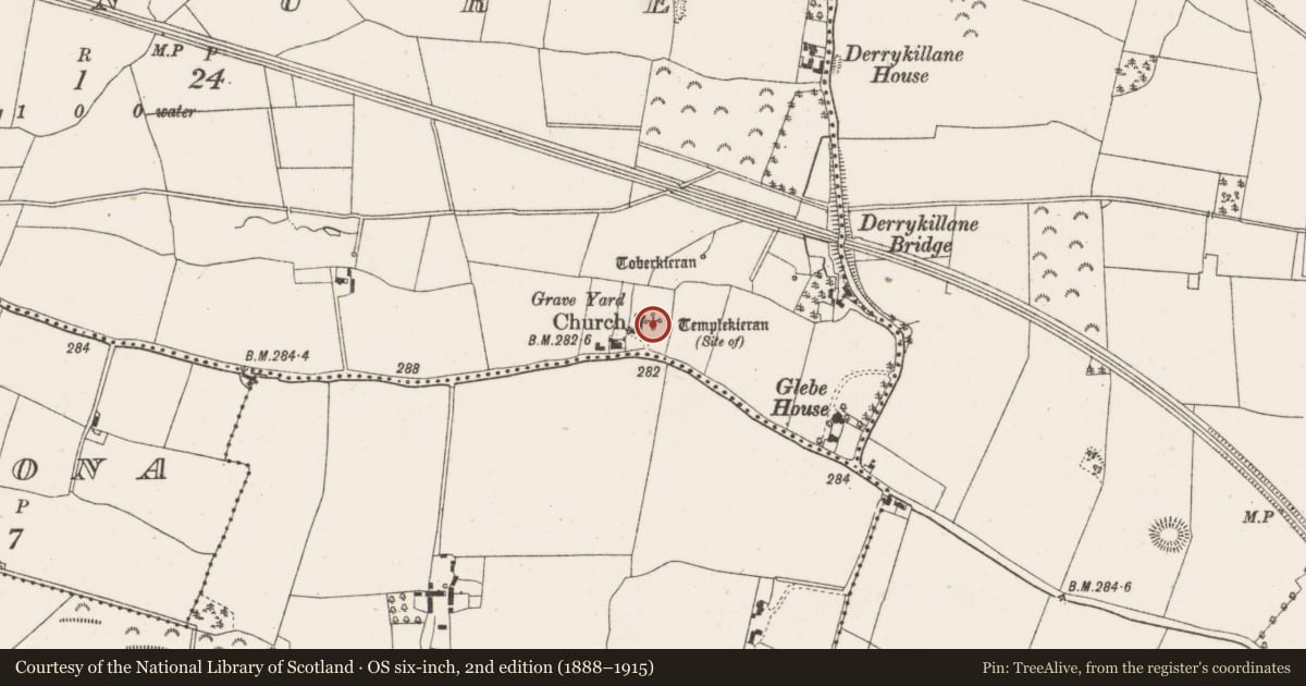Ordnance Survey six-inch map, 2nd edition (1888–1915) covering the location of Church, Sranure, County Offaly, with a pin at the register's coordinates
