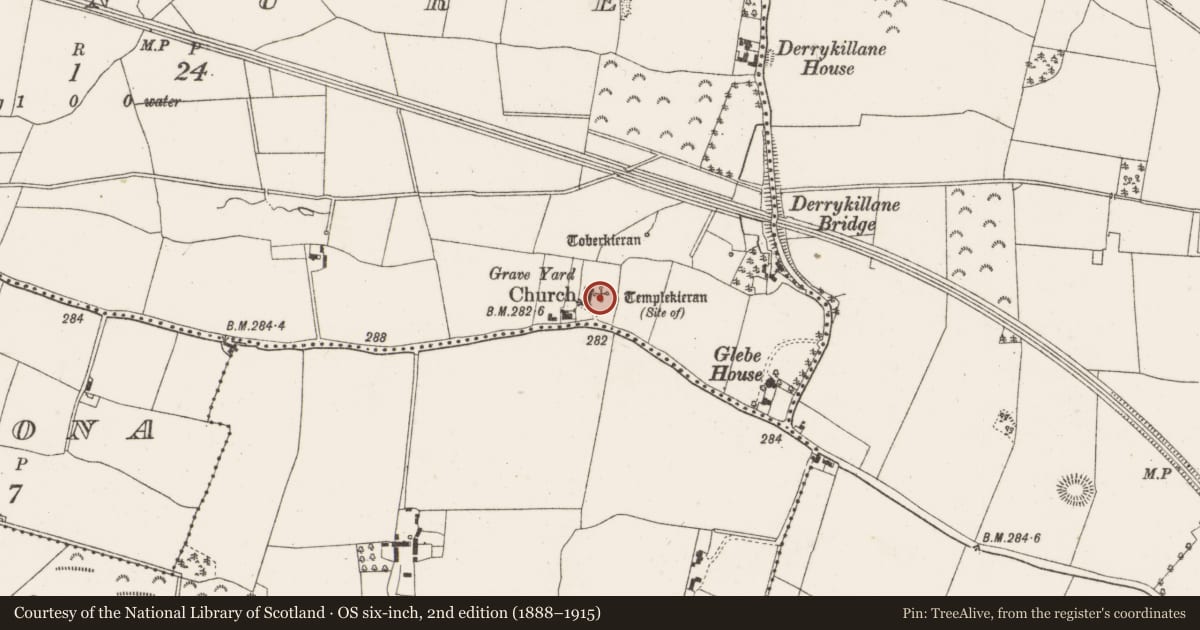 Ordnance Survey six-inch map, 2nd edition (1888–1915) covering the location of Graveyard, Sranure, County Offaly, with a pin at the register's coordinates