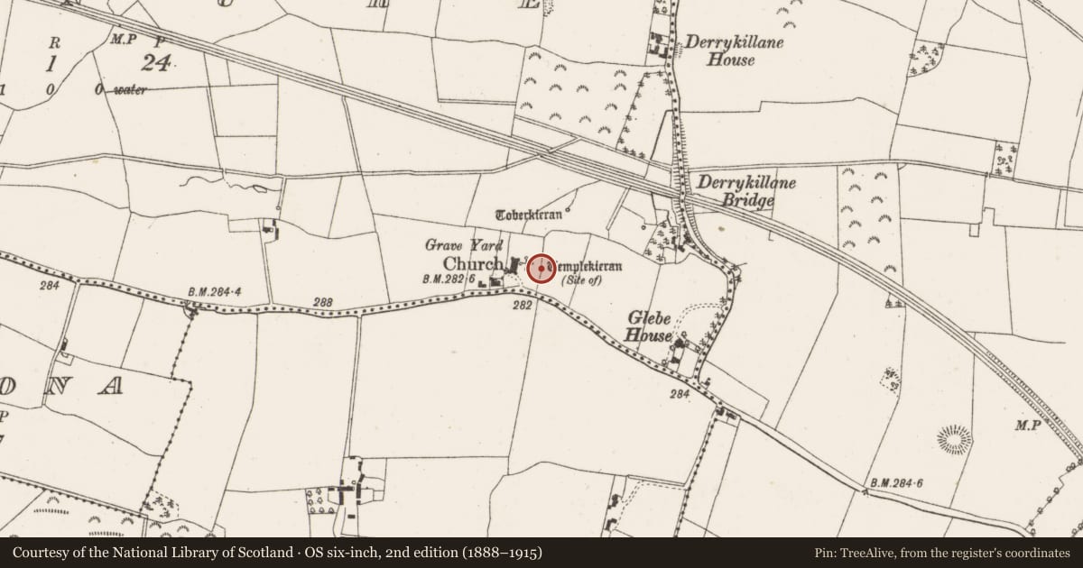Ordnance Survey six-inch map, 2nd edition (1888–1915) covering the location of Ecclesiastical enclosure, Sranure, County Offaly, with a pin at the register's coordinates