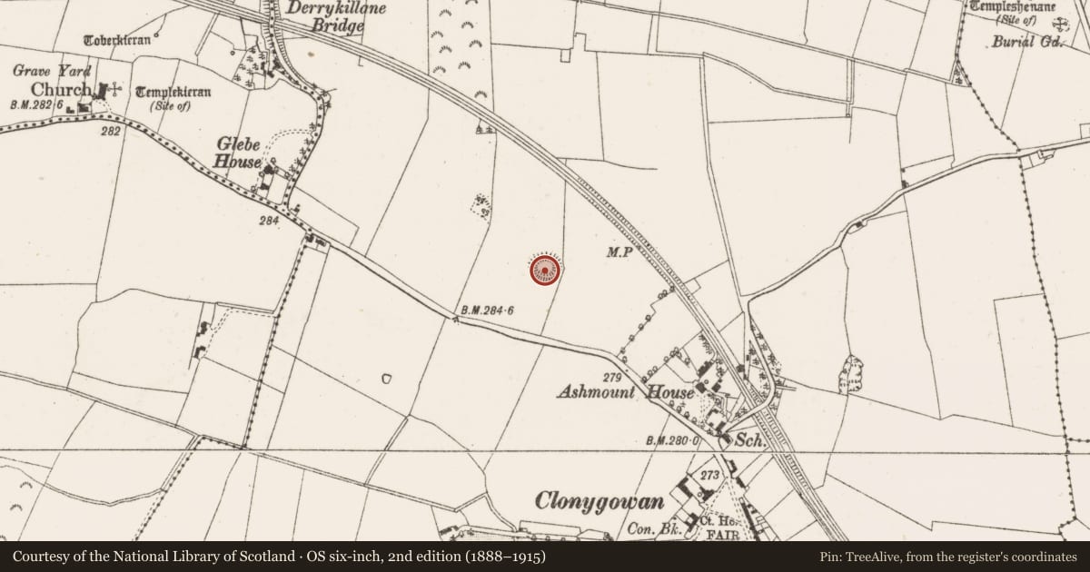 Ordnance Survey six-inch map, 2nd edition (1888–1915) covering the location of Ringfort - rath, Clonygowan, County Offaly, with a pin at the register's coordinates