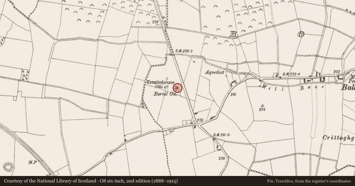 Ordnance Survey six-inch map, 2nd edition (1888–1915) covering the location of Graveyard, Bogtown, County Offaly, with a pin at the register's coordinates