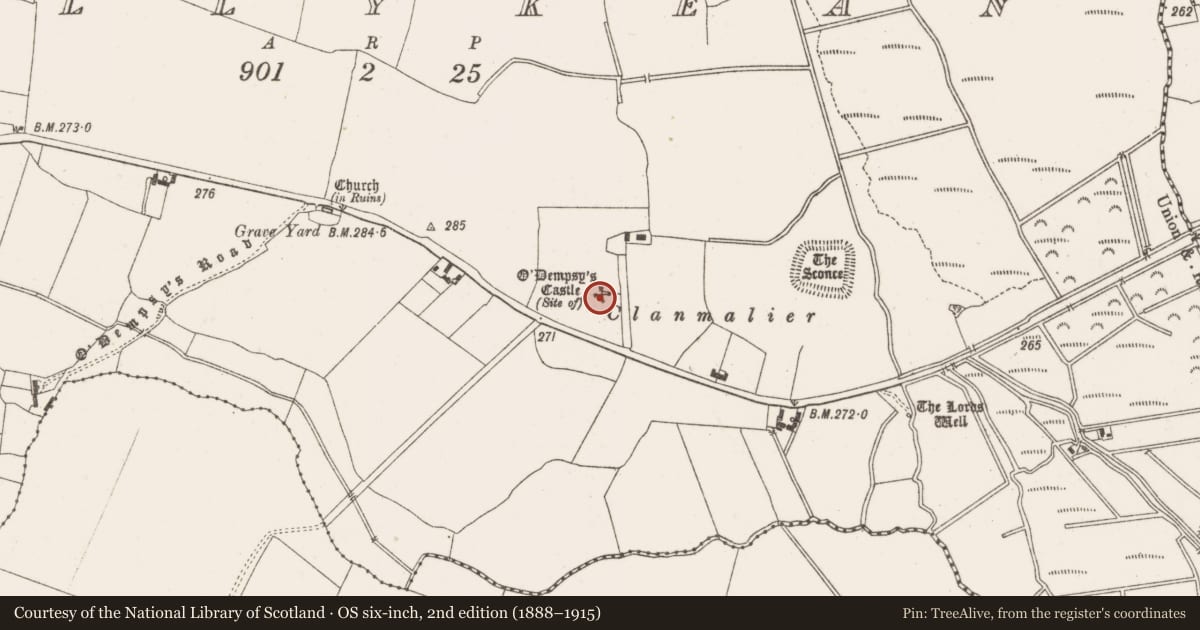 Ordnance Survey six-inch map, 2nd edition (1888–1915) covering the location of Bawn, Ballykean, County Offaly, with a pin at the register's coordinates