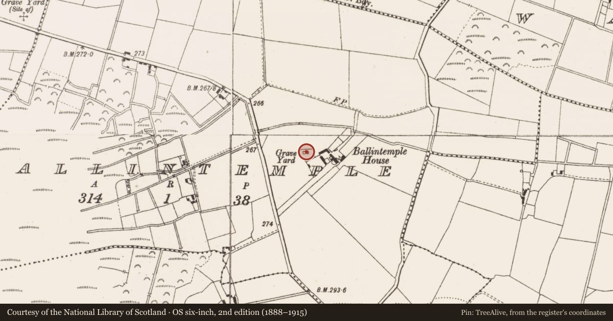 Ordnance Survey six-inch map, 2nd edition (1888–1915) covering the location of Graveslab, Ballintemple, County Offaly, with a pin at the register's coordinates