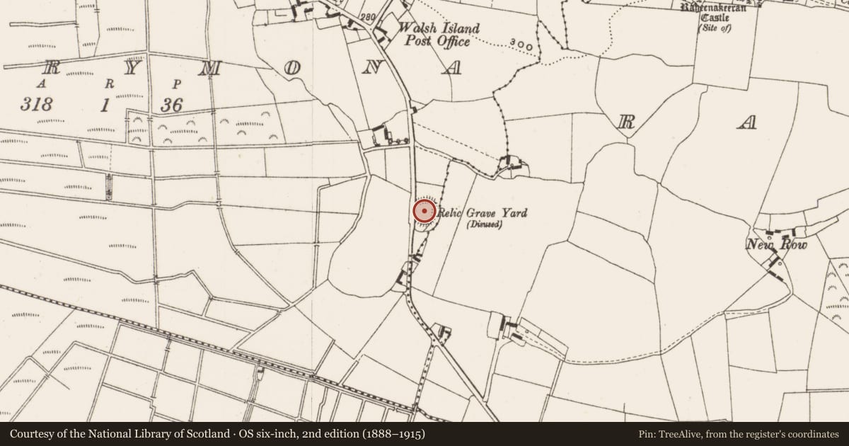 Ordnance Survey six-inch map, 2nd edition (1888–1915) covering the location of Children's burial ground, Garrymona, County Offaly, with a pin at the register's coordinates