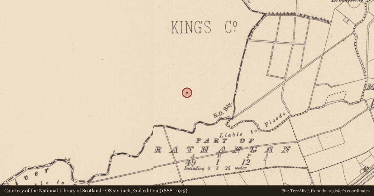 Ordnance Survey six-inch map, 2nd edition (1888–1915) covering the location of Burial, Kilnantoge Upper, County Offaly, with a pin at the register's coordinates