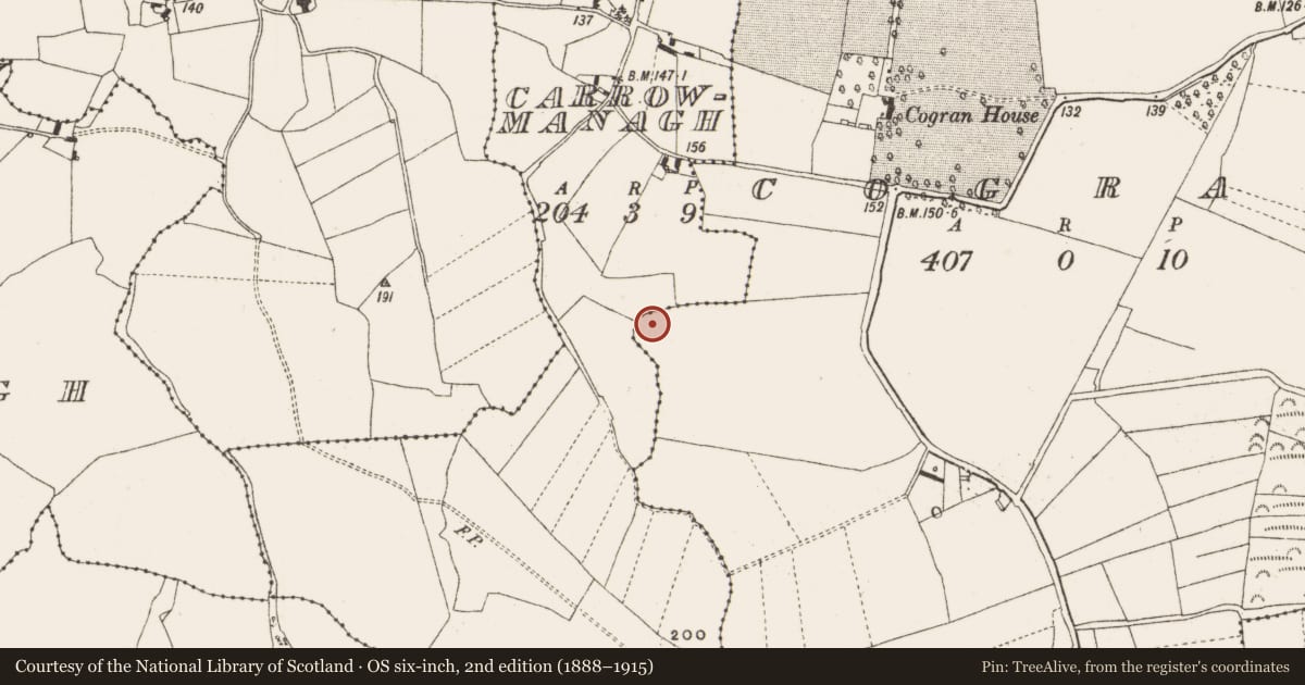 Ordnance Survey six-inch map, 2nd edition (1888–1915) covering the location of Enclosure, Cogran, County Offaly, with a pin at the register's coordinates