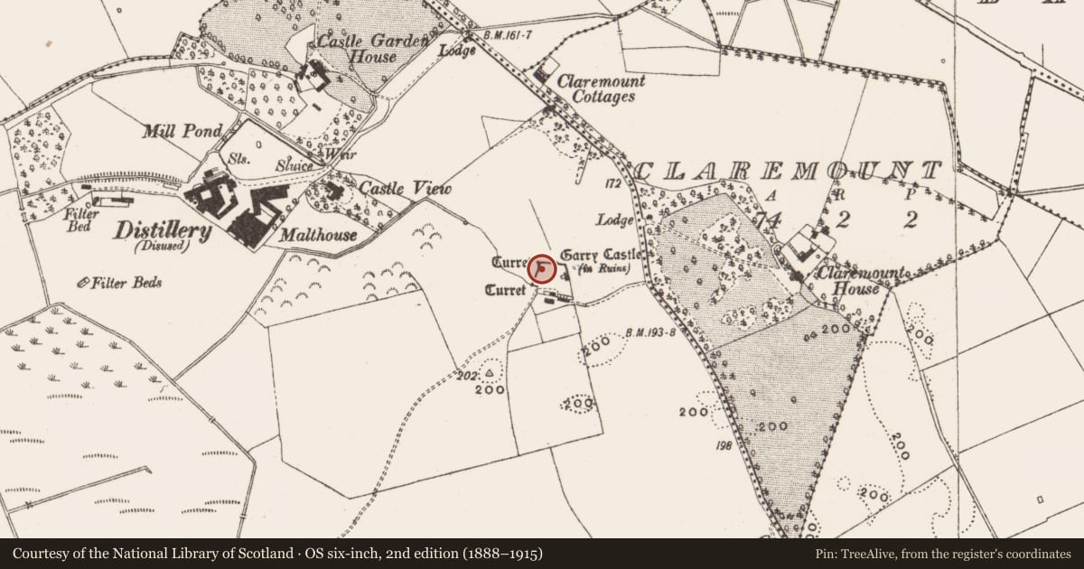 Ordnance Survey six-inch map, 2nd edition (1888–1915) covering the location of Castle - tower house, Garrycastle, County Offaly, with a pin at the register's coordinates