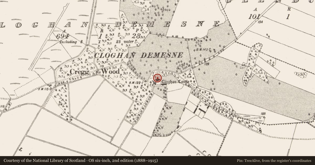 Ordnance Survey six-inch map, 2nd edition (1888–1915) covering the location of Bawn, Cloghan Demesne, County Offaly, with a pin at the register's coordinates