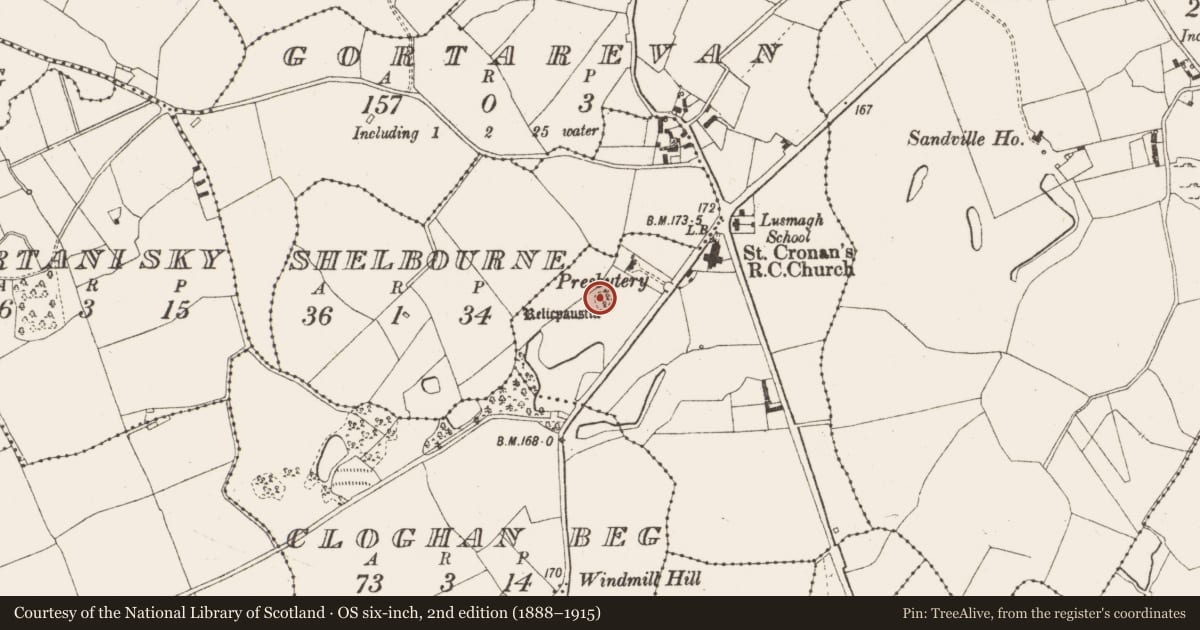 Ordnance Survey six-inch map, 2nd edition (1888–1915) covering the location of Children's burial ground, Gortarevan, County Offaly, with a pin at the register's coordinates