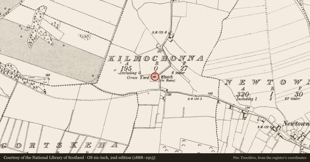 Ordnance Survey six-inch map, 2nd edition (1888–1915) covering the location of Church, Kilmochonna, County Offaly, with a pin at the register's coordinates