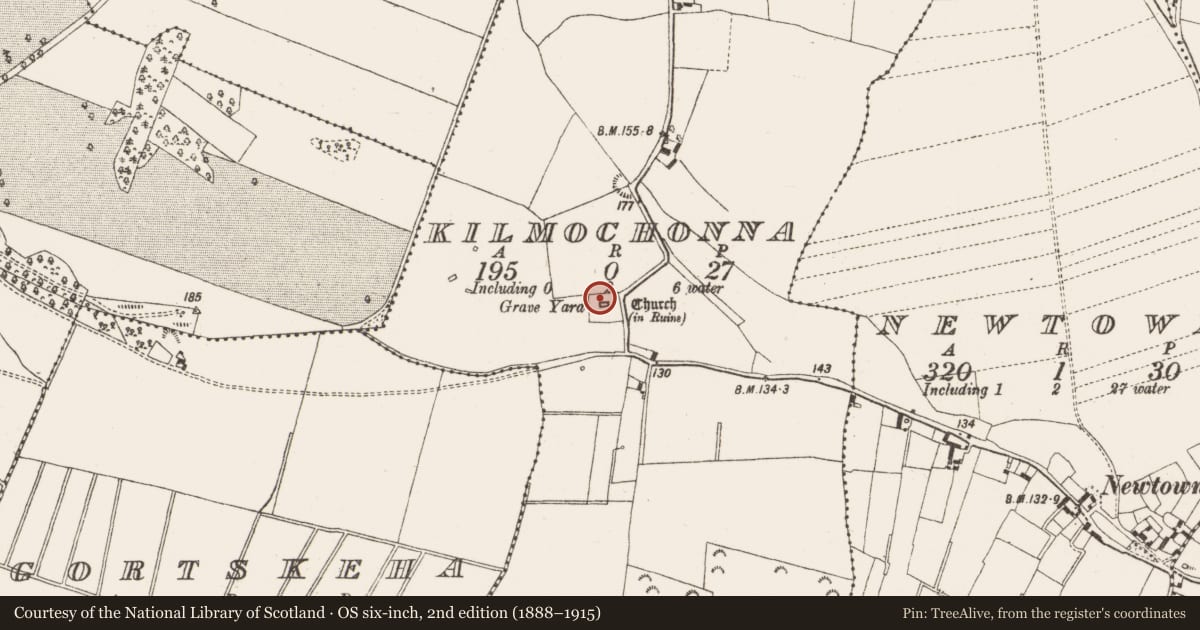Ordnance Survey six-inch map, 2nd edition (1888–1915) covering the location of Graveyard, Kilmochonna, County Offaly, with a pin at the register's coordinates