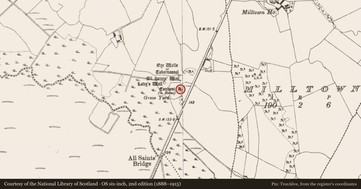 Ordnance Survey six-inch map, 2nd edition (1888–1915) covering the location of Church, Garrycastle, County Offaly, with a pin at the register's coordinates