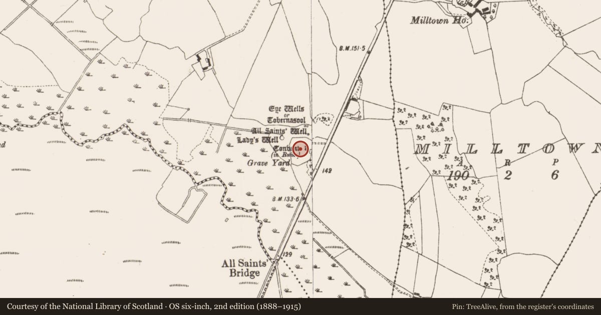 Ordnance Survey six-inch map, 2nd edition (1888–1915) covering the location of Graveyard, Garrycastle, County Offaly, with a pin at the register's coordinates
