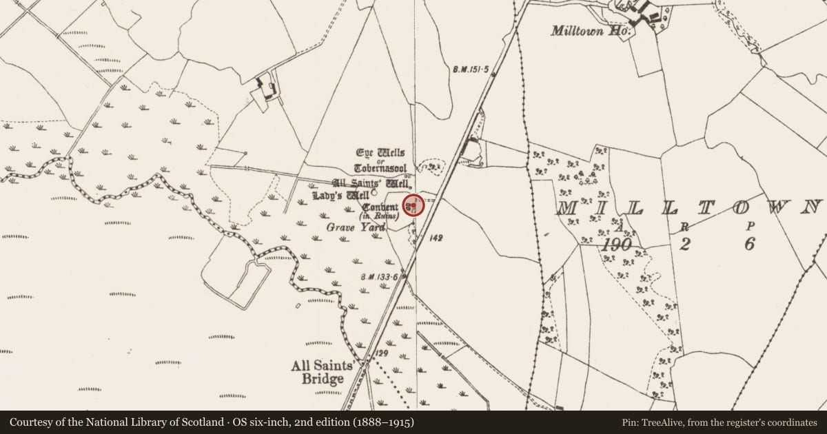Ordnance Survey six-inch map, 2nd edition (1888–1915) covering the location of Ritual site - holy tree/bush, Garrycastle, County Offaly, with a pin at the register's coordinates