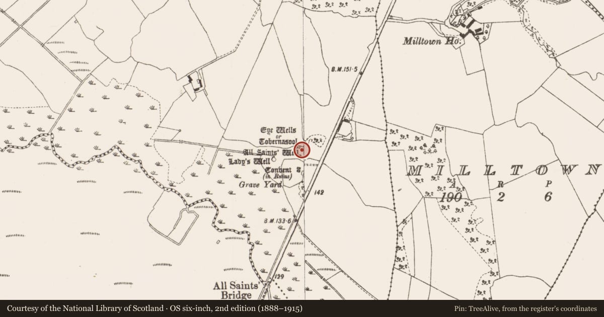 Ordnance Survey six-inch map, 2nd edition (1888–1915) covering the location of Ritual site - holy well, Garrycastle, County Offaly, with a pin at the register's coordinates