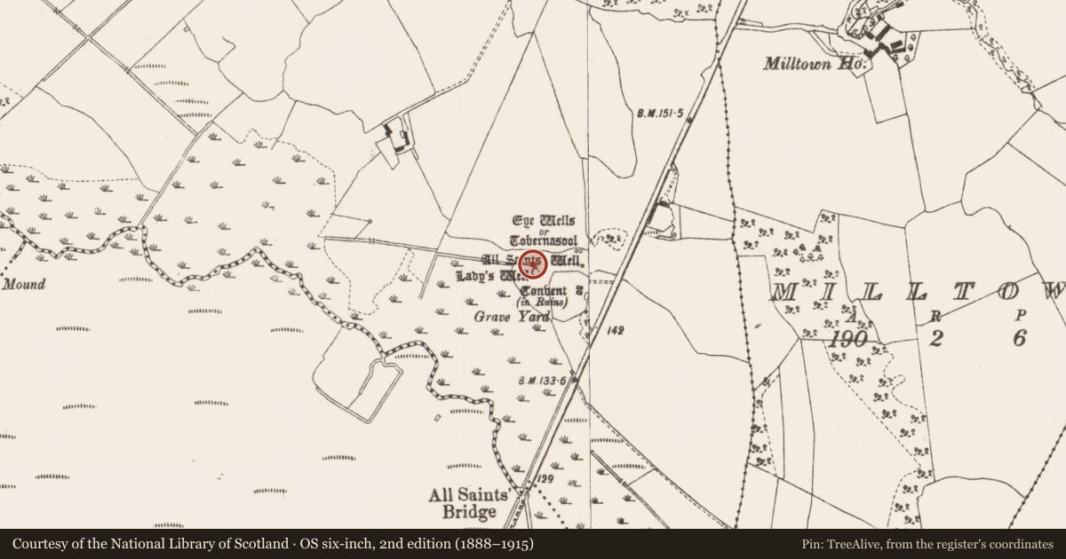 Ordnance Survey six-inch map, 2nd edition (1888–1915) covering the location of Ritual site - holy well, Garrycastle, County Offaly, with a pin at the register's coordinates
