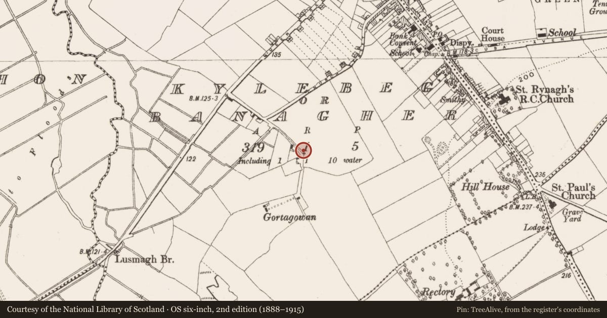 Ordnance Survey six-inch map, 2nd edition (1888–1915) covering the location of Burnt mound, Kylebeg Or Banagher, County Offaly, with a pin at the register's coordinates