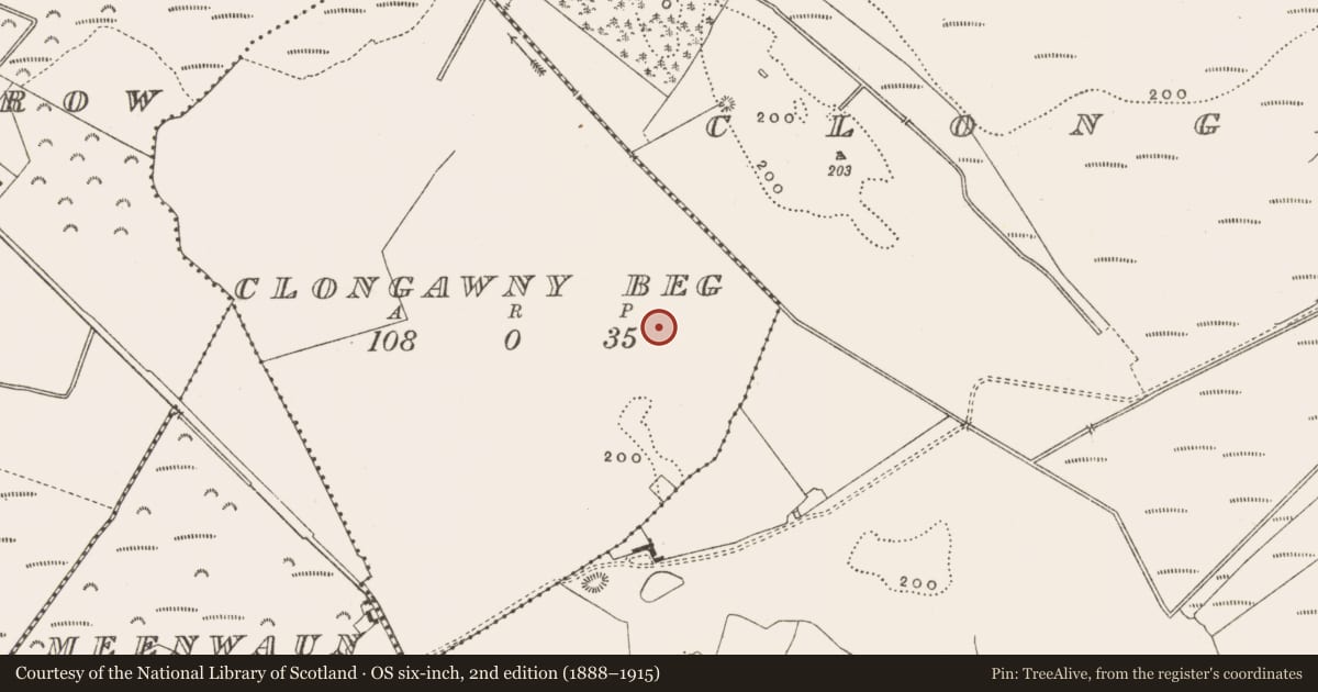 Ordnance Survey six-inch map, 2nd edition (1888–1915) covering the location of Enclosure, Clongawny Beg, County Offaly, with a pin at the register's coordinates