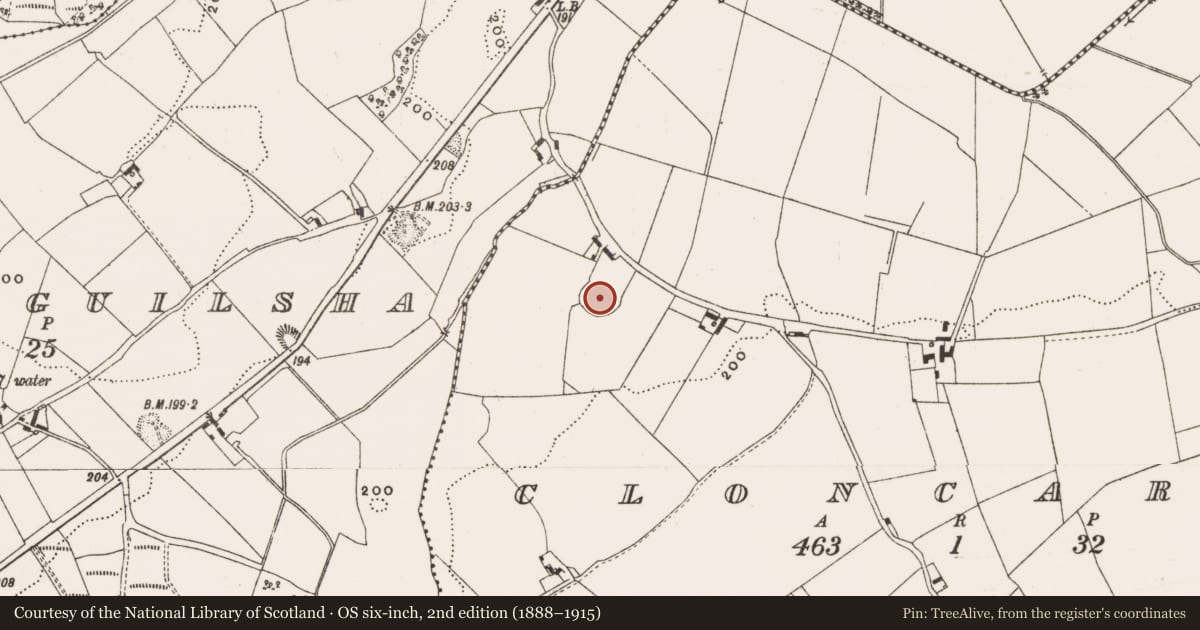 Ordnance Survey six-inch map, 2nd edition (1888–1915) covering the location of Enclosure, Cloncarban, County Offaly, with a pin at the register's coordinates