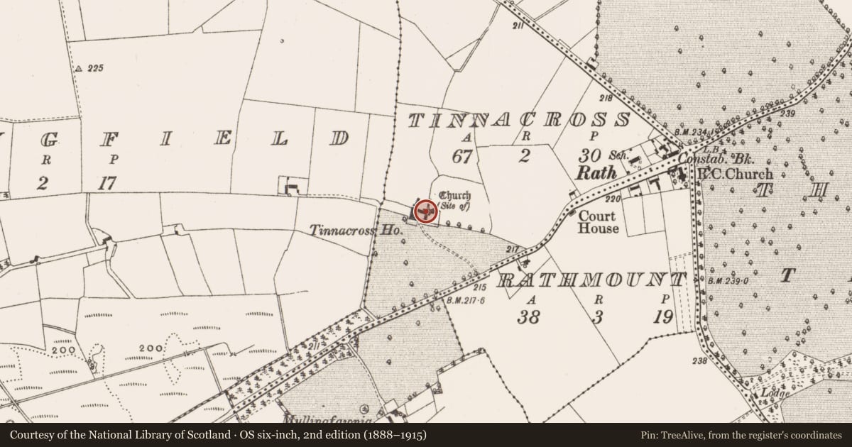 Ordnance Survey six-inch map, 2nd edition (1888–1915) covering the location of Church, Tinnacross, County Offaly, with a pin at the register's coordinates