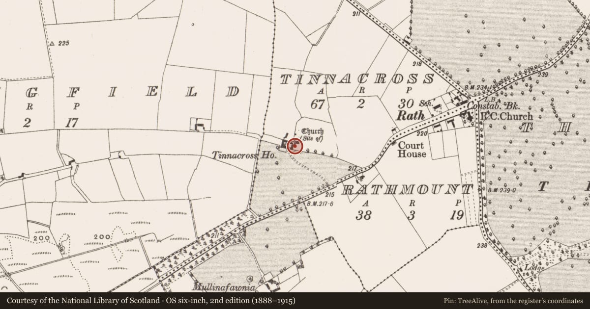 Ordnance Survey six-inch map, 2nd edition (1888–1915) covering the location of Graveyard, Tinnacross, County Offaly, with a pin at the register's coordinates