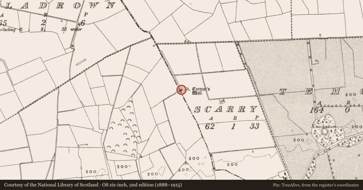 Ordnance Survey six-inch map, 2nd edition (1888–1915) covering the location of Ritual site - holy well, Scarry, County Offaly, with a pin at the register's coordinates