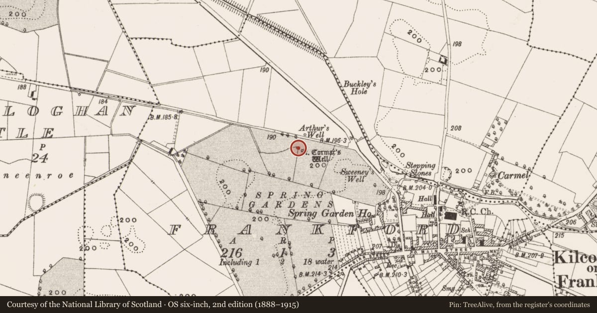 Ordnance Survey six-inch map, 2nd edition (1888–1915) covering the location of Ritual site - holy well, Frankford, County Offaly, with a pin at the register's coordinates