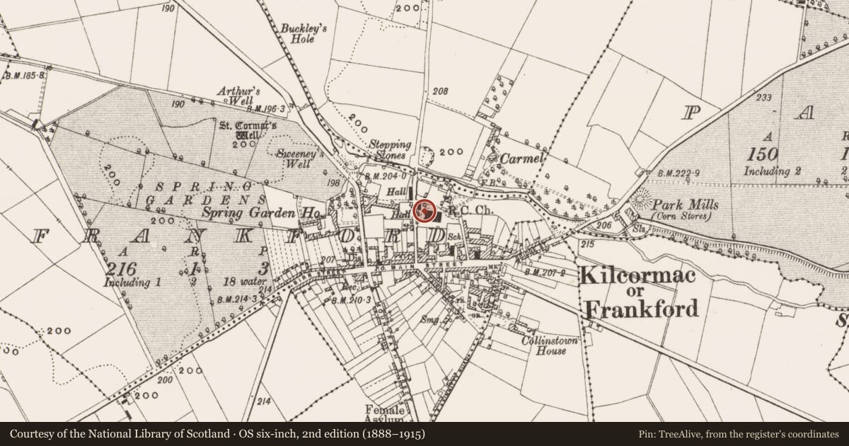 Ordnance Survey six-inch map, 2nd edition (1888–1915) covering the location of Religious house - Carmelite friars, Frankford, County Offaly, with a pin at the register's coordinates