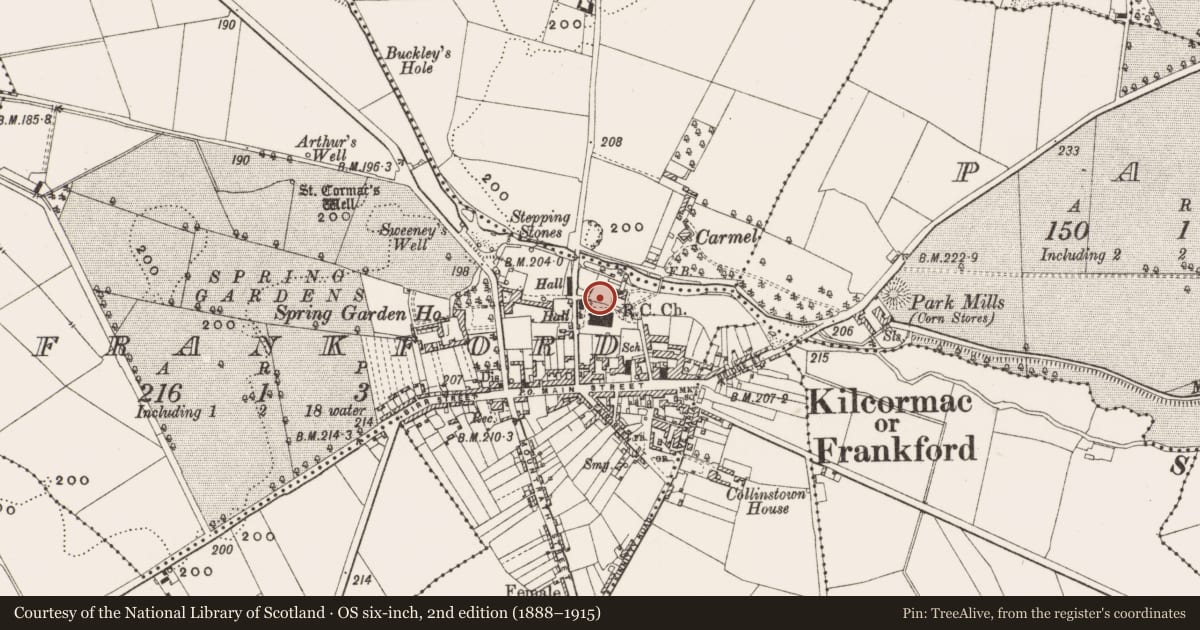 Ordnance Survey six-inch map, 2nd edition (1888–1915) covering the location of Churchyard, Frankford, County Offaly, with a pin at the register's coordinates