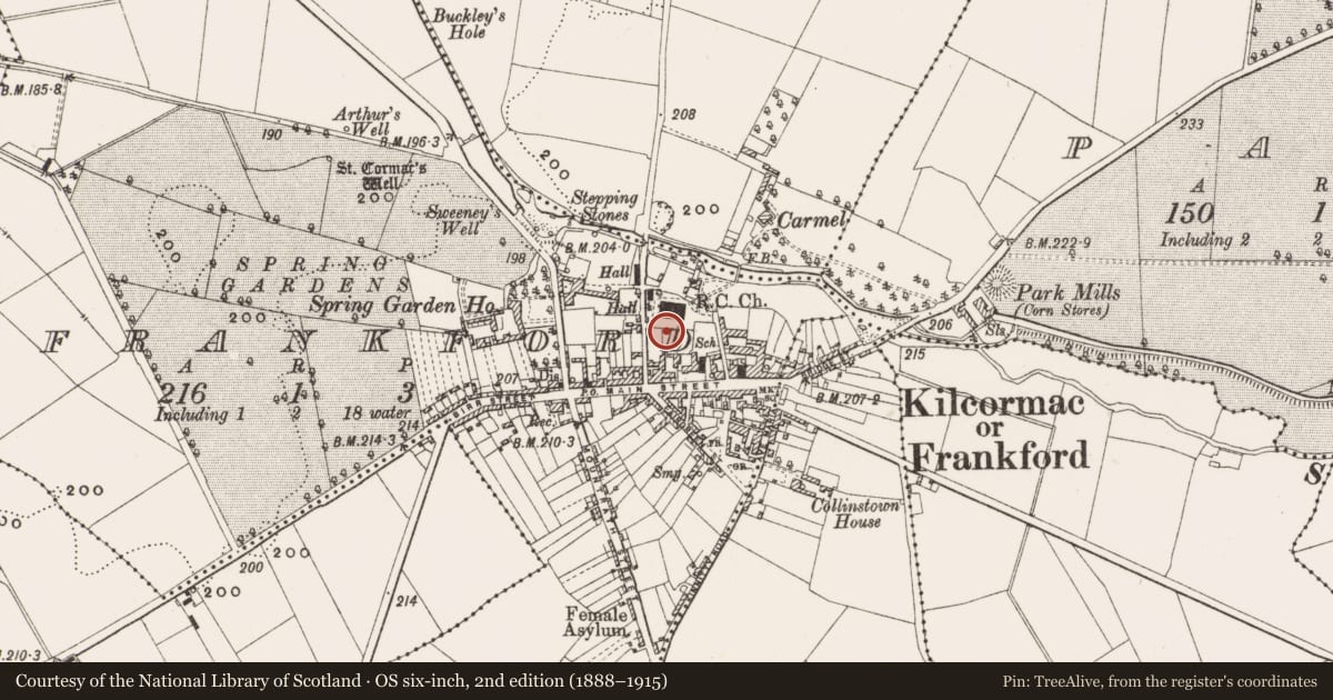 Ordnance Survey six-inch map, 2nd edition (1888–1915) covering the location of Crucifixion plaque, Frankford, County Offaly, with a pin at the register's coordinates