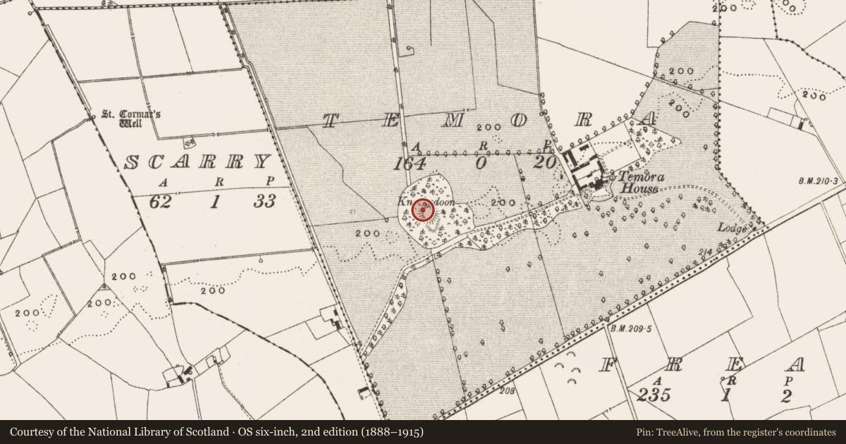 Ordnance Survey six-inch map, 2nd edition (1888–1915) covering the location of Ringfort - rath, Temora, County Offaly, with a pin at the register's coordinates