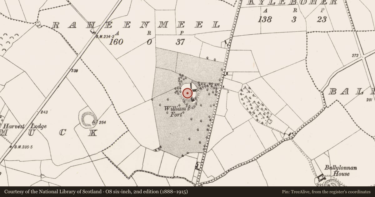 Ordnance Survey six-inch map, 2nd edition (1888–1915) covering the location of Ringfort - rath, Raheenmeel, County Offaly, with a pin at the register's coordinates