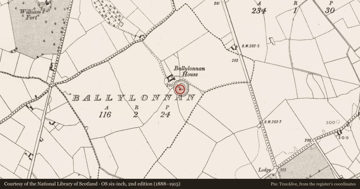 Ordnance Survey six-inch map, 2nd edition (1888–1915) covering the location of Enclosure, Ballylonnan, County Offaly, with a pin at the register's coordinates