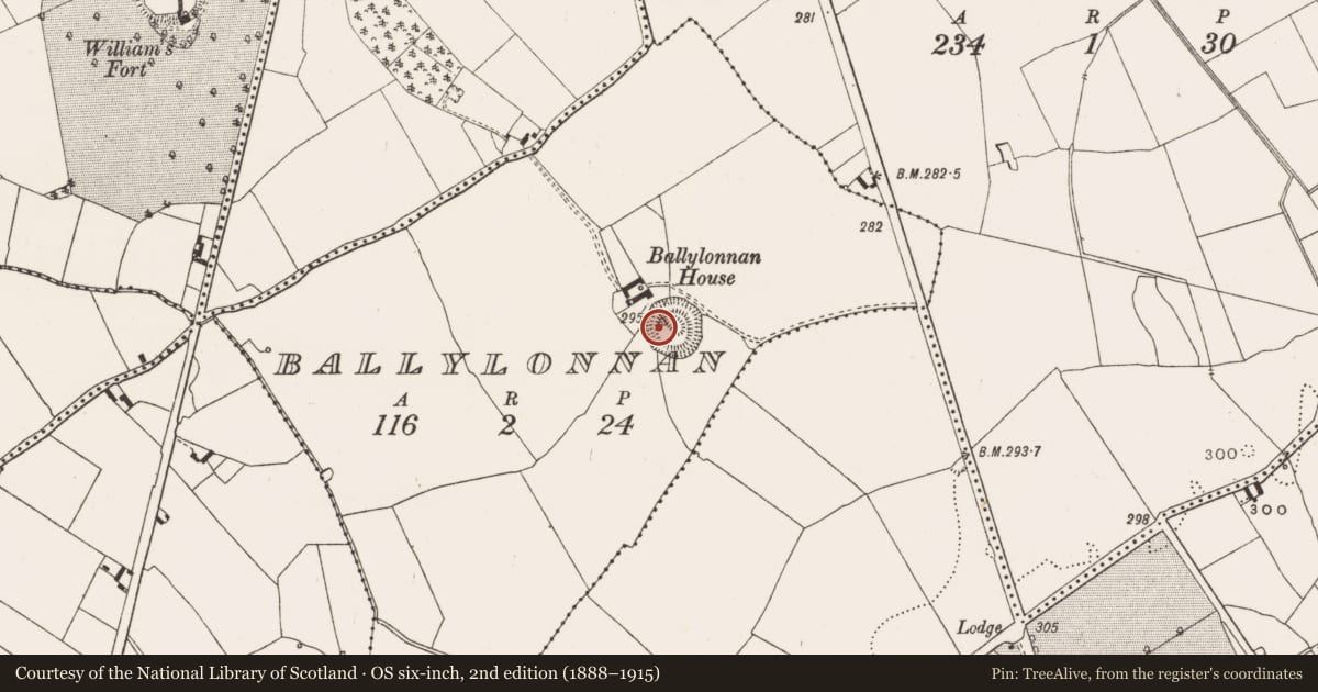 Ordnance Survey six-inch map, 2nd edition (1888–1915) covering the location of Souterrain, Ballylonnan, County Offaly, with a pin at the register's coordinates