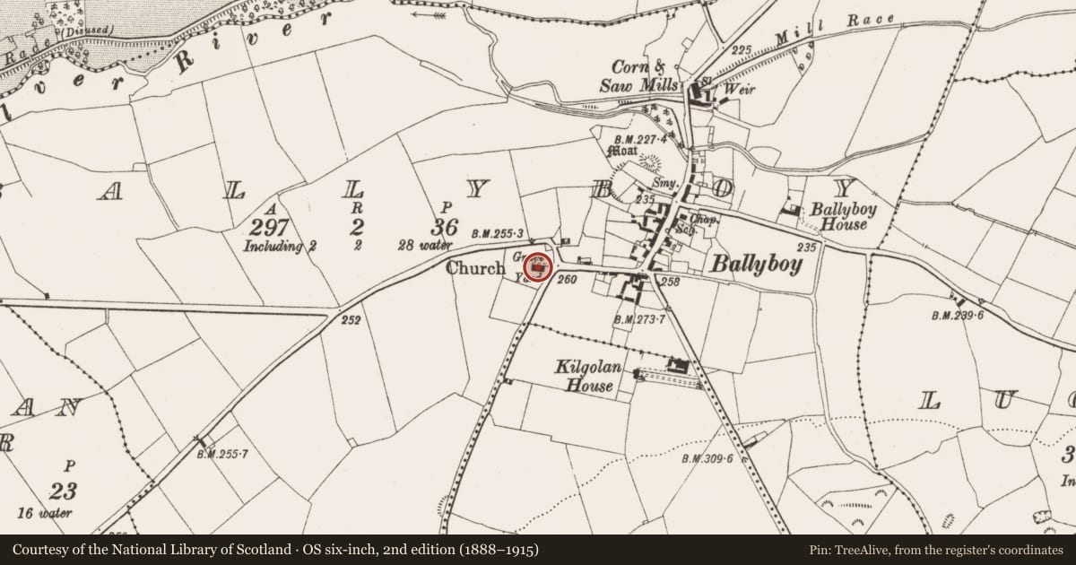Ordnance Survey six-inch map, 2nd edition (1888–1915) covering the location of Church, Ballyboy, County Offaly, with a pin at the register's coordinates