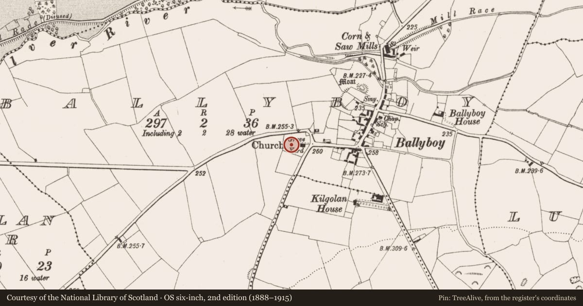 Ordnance Survey six-inch map, 2nd edition (1888–1915) covering the location of Graveyard, Ballyboy, County Offaly, with a pin at the register's coordinates