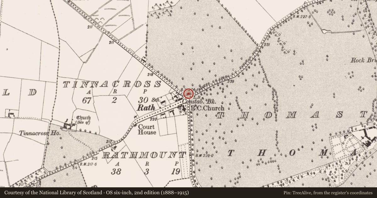 Ordnance Survey six-inch map, 2nd edition (1888–1915) covering the location of Architectural feature, Raheenglass, County Offaly, with a pin at the register's coordinates