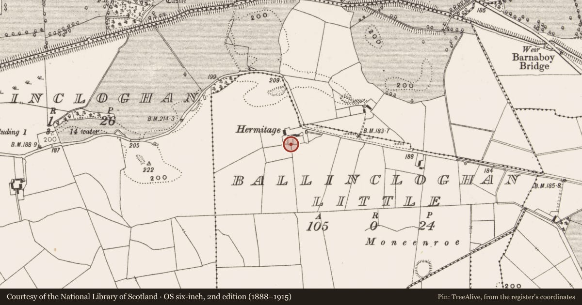 Ordnance Survey six-inch map, 2nd edition (1888–1915) covering the location of Burial, Ballincloghan Little, County Offaly, with a pin at the register's coordinates