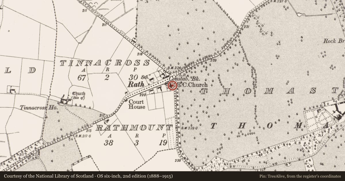 Ordnance Survey six-inch map, 2nd edition (1888–1915) covering the location of Cross - High cross (present location), Rathmount, County Offaly, with a pin at the register's coordinates