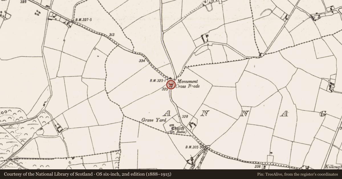 Ordnance Survey six-inch map, 2nd edition (1888–1915) covering the location of Cairn - wayside cairn, Annaghbrack Glebe, Rathrobin, County Offaly, with a pin at the register's coordinates