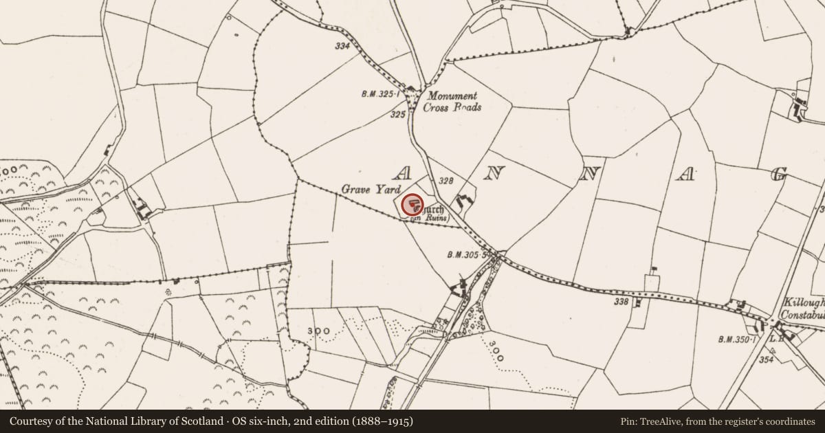Ordnance Survey six-inch map, 2nd edition (1888–1915) covering the location of Graveyard, Annaghbrack Glebe, County Offaly, with a pin at the register's coordinates