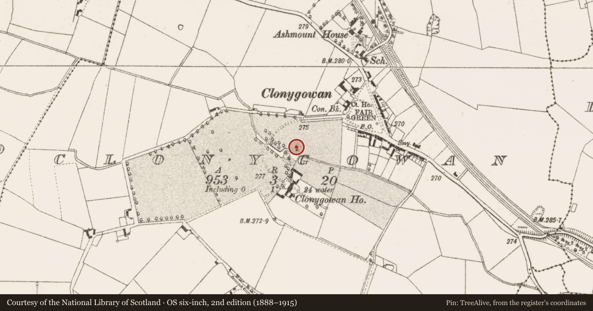 Ordnance Survey six-inch map, 2nd edition (1888–1915) covering the location of Enclosure, Clonygowan, County Offaly, with a pin at the register's coordinates