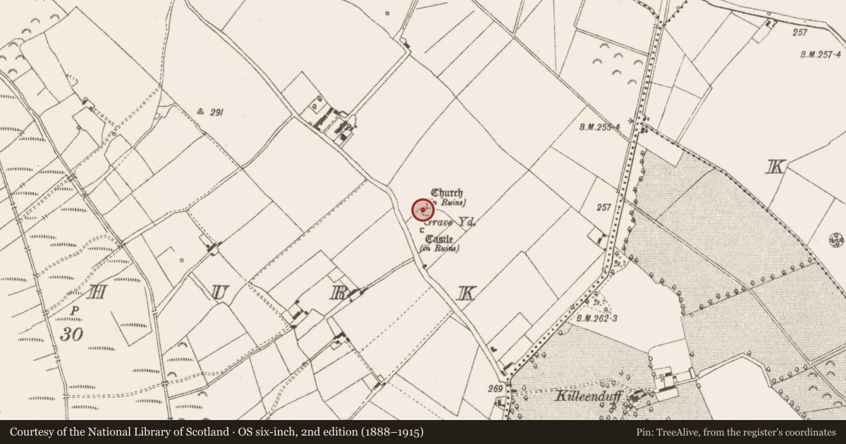 Ordnance Survey six-inch map, 2nd edition (1888–1915) covering the location of Graveyard, Clonyhurk, County Offaly, with a pin at the register's coordinates