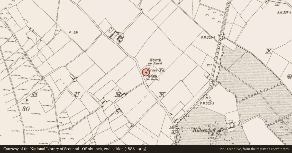 Ordnance Survey six-inch map, 2nd edition (1888–1915) covering the location of Bawn, Clonyhurk, County Offaly, with a pin at the register's coordinates