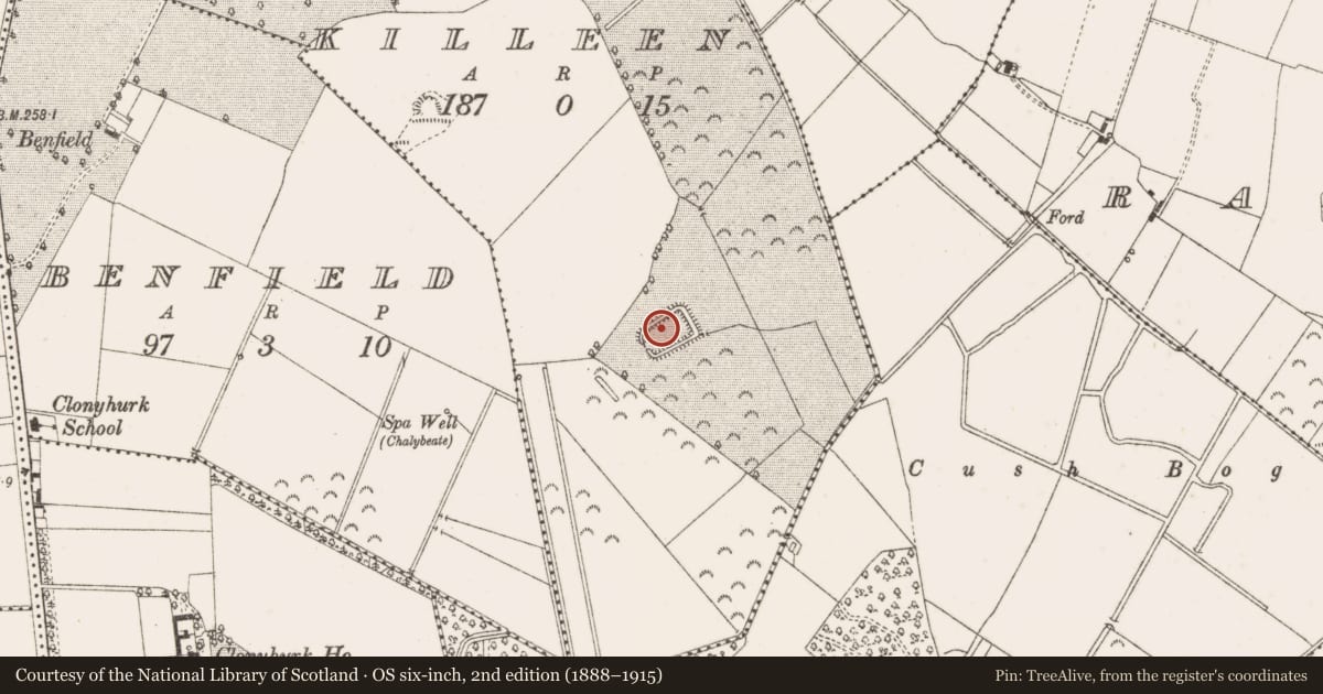 Ordnance Survey six-inch map, 2nd edition (1888–1915) covering the location of Enclosure, Killeen, County Offaly, with a pin at the register's coordinates