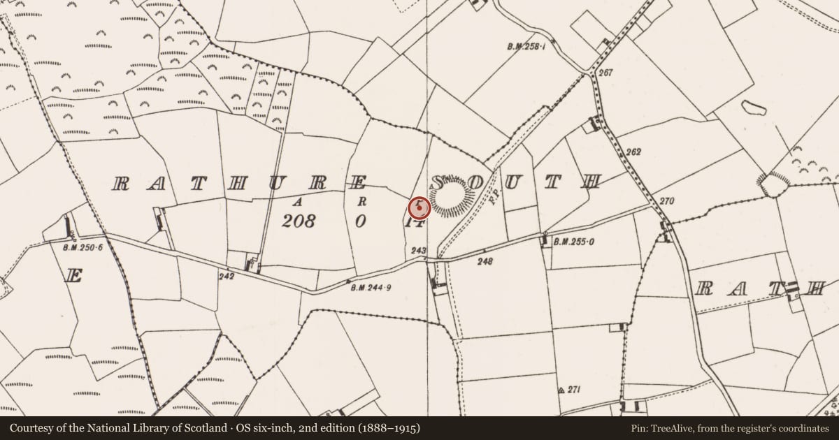 Ordnance Survey six-inch map, 2nd edition (1888–1915) covering the location of Enclosure, Rathure South, County Offaly, with a pin at the register's coordinates